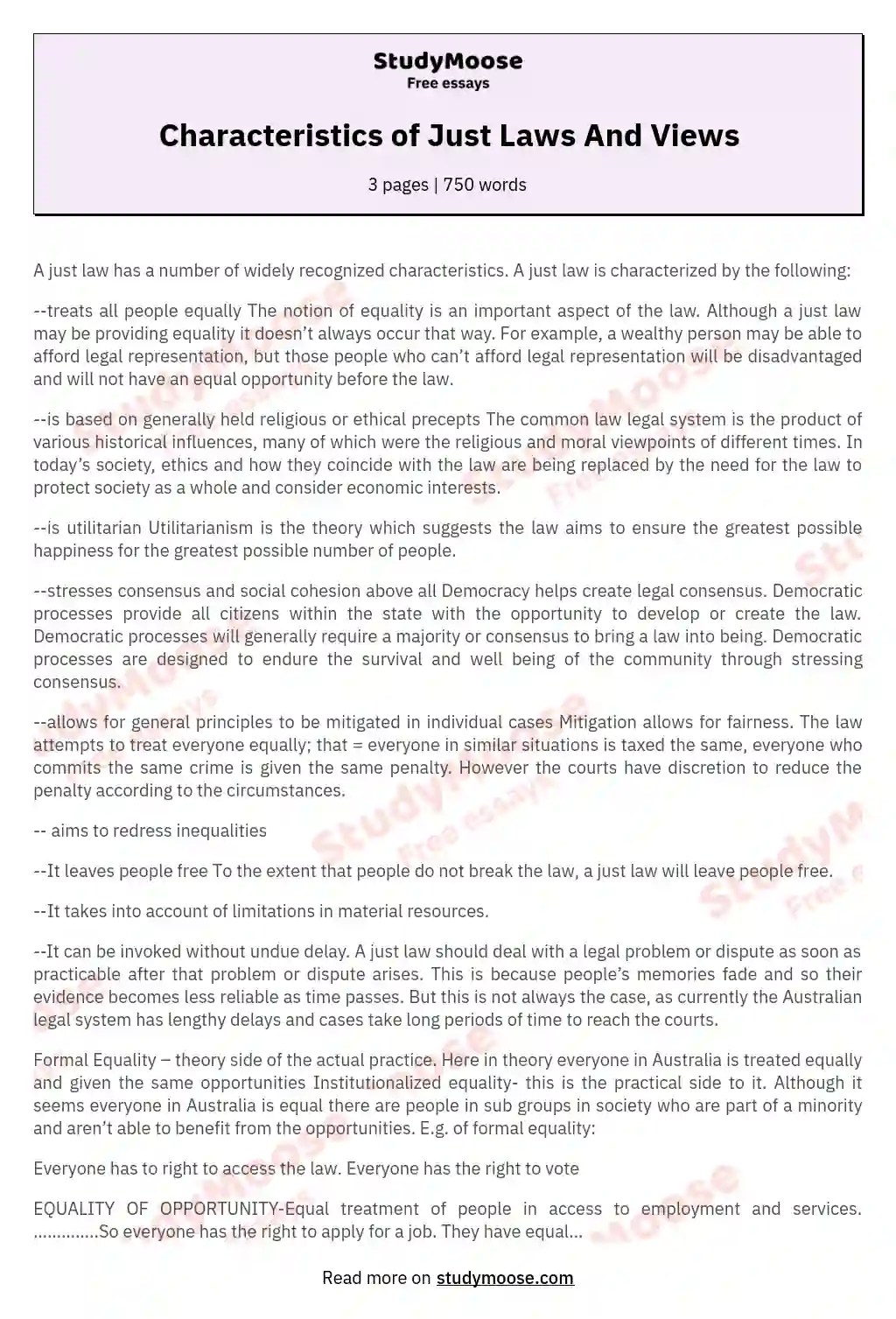 Characteristics of Just Laws And Views Free Essay Example