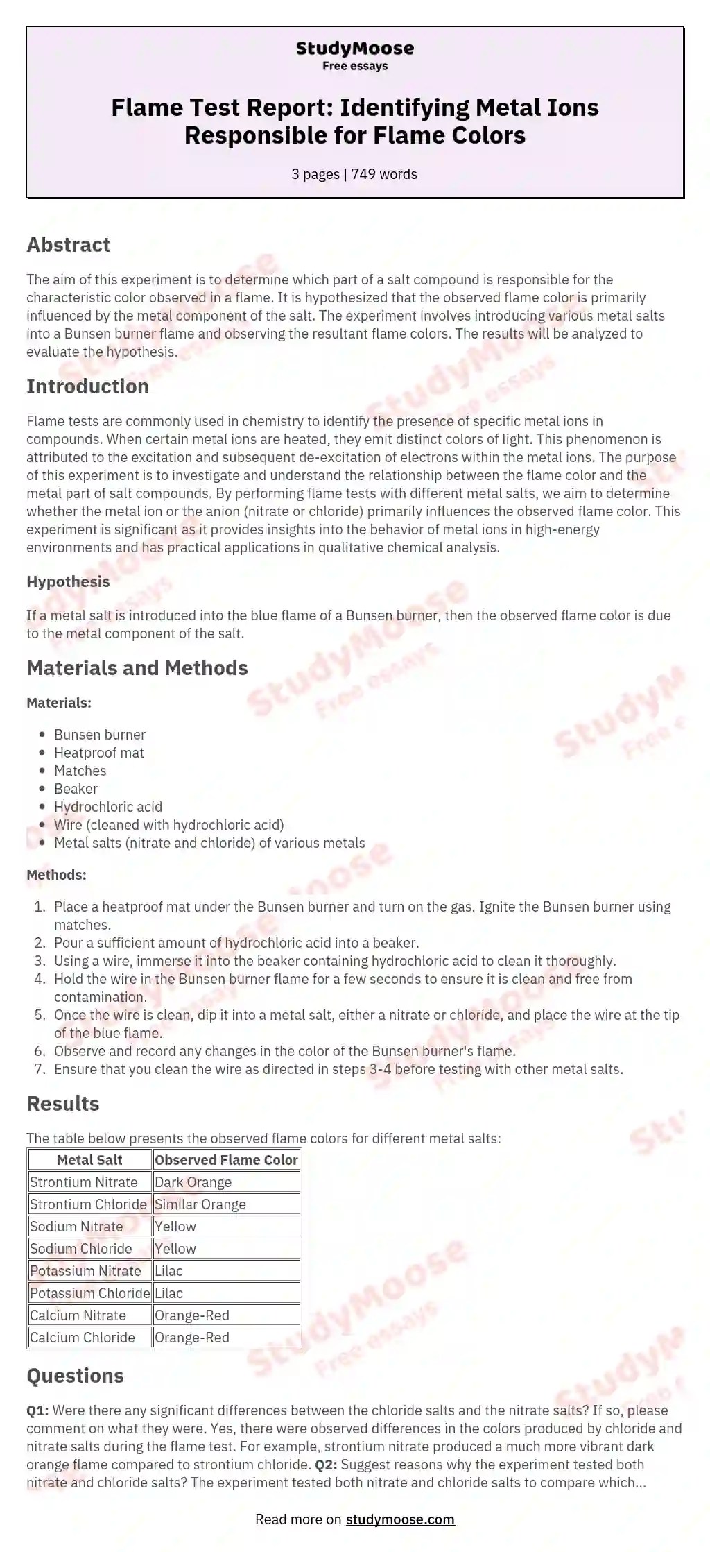Flame Test Lab Results