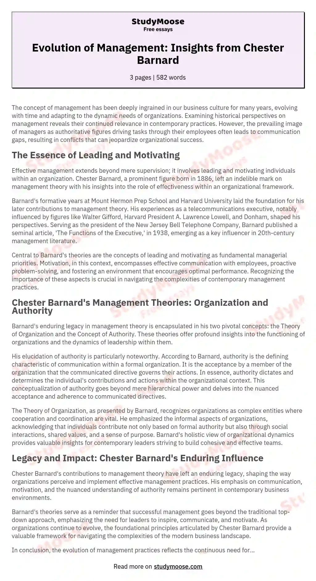 Evolution of Management Insights from Chester Barnard Free Essay Example