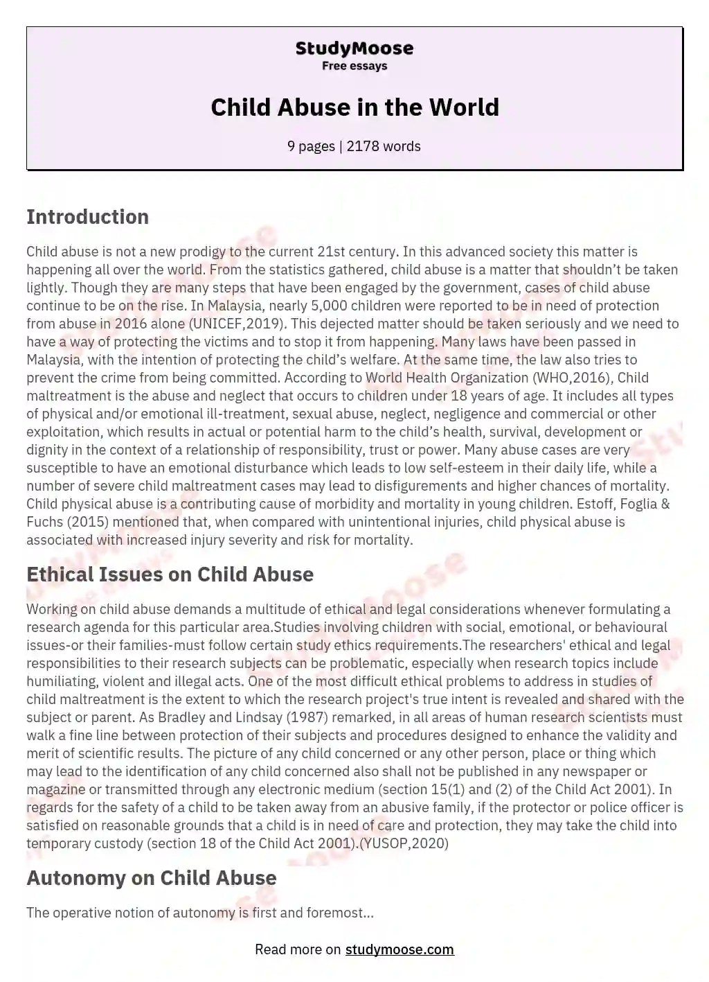 Child Abuse in the World Free Essay Example