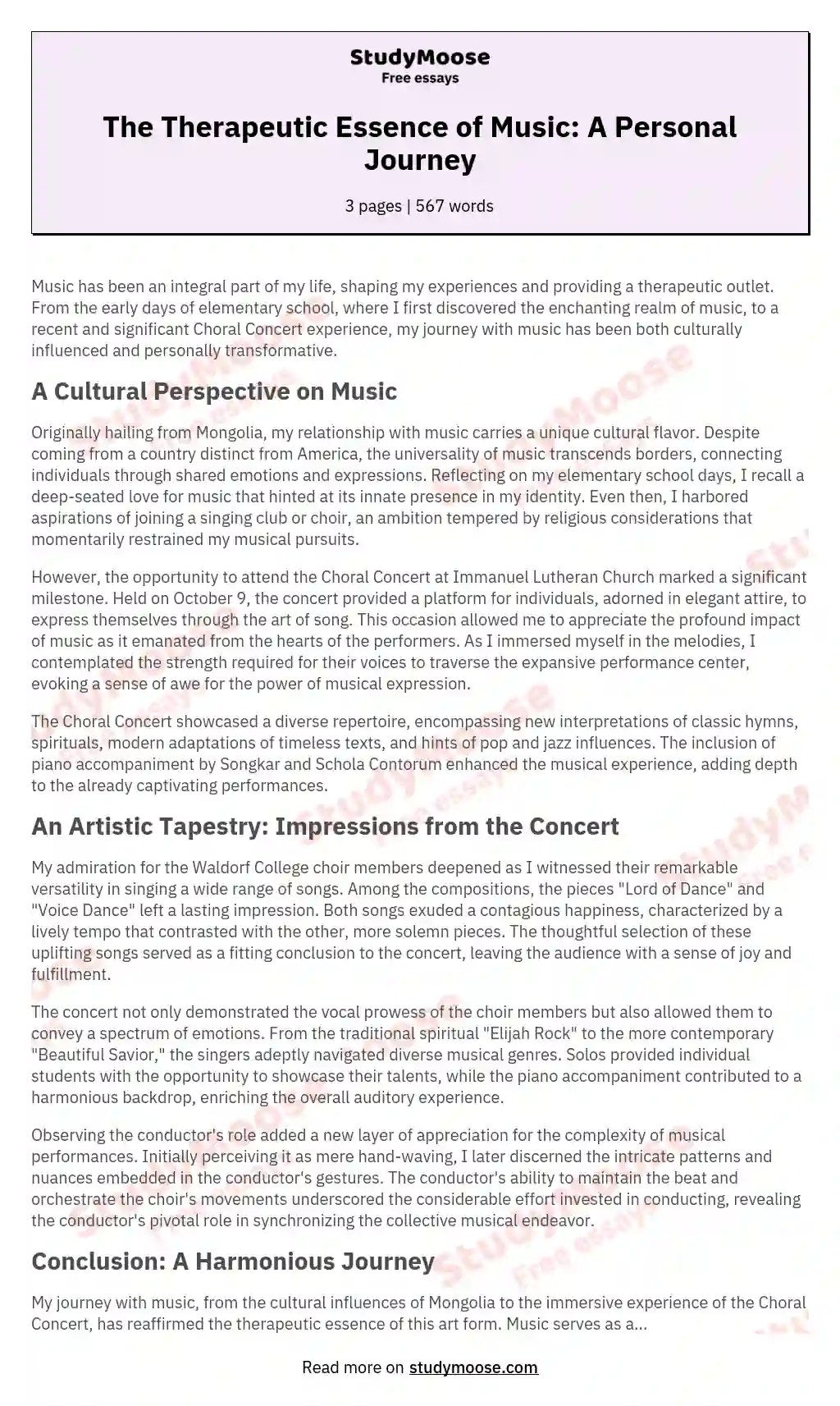 The Therapeutic Essence of Music A Personal Journey Free Essay Example