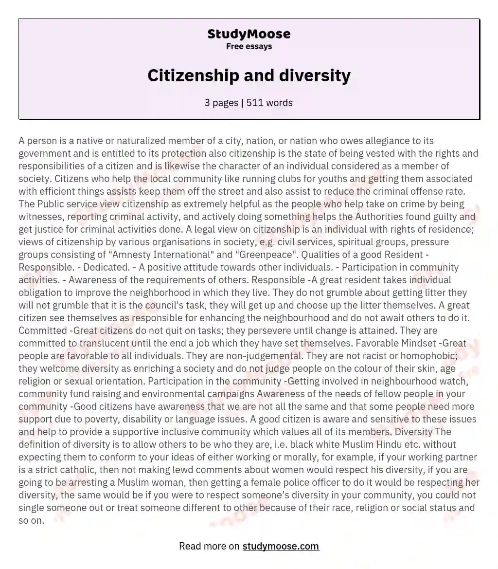 Citizenship and diversity Free Essay Example