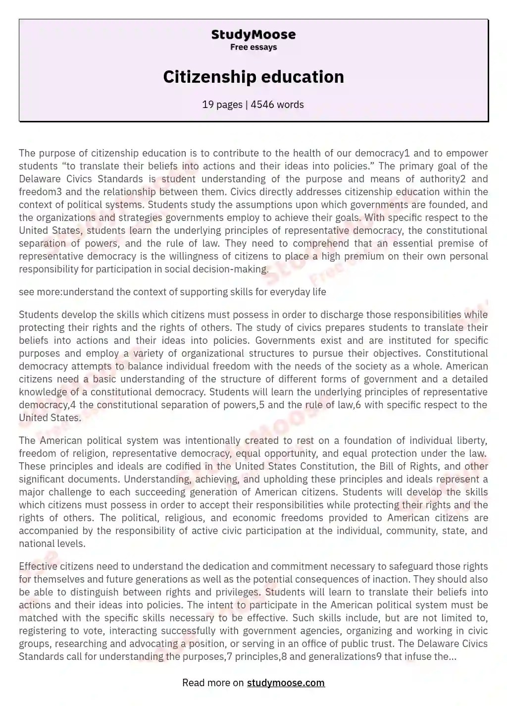 Citizenship education Free Essay Example