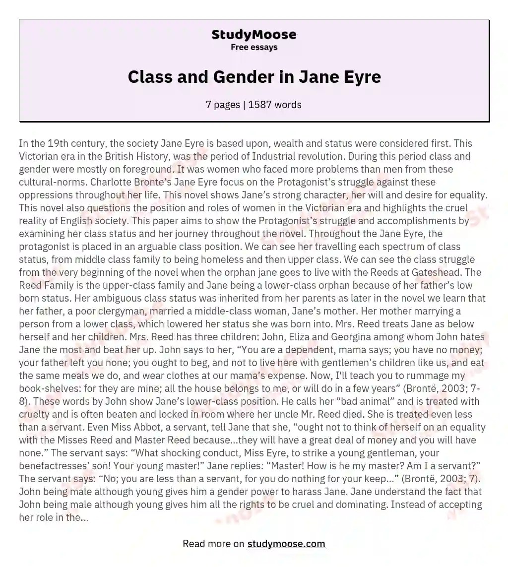 Class and Gender in Jane Eyre Free Essay Example