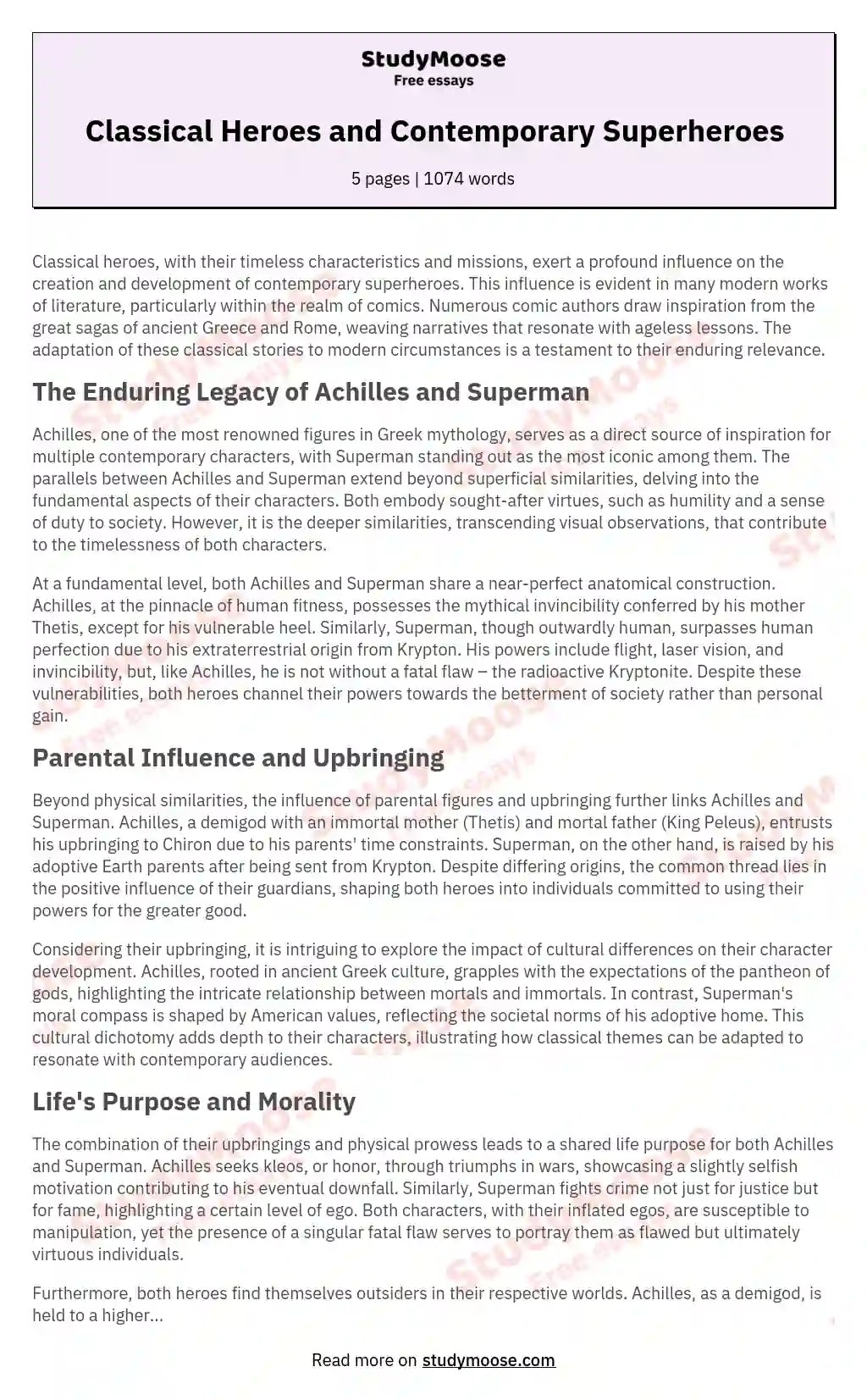 Classical Heroes and Contemporary Superheroes Free Essay Example