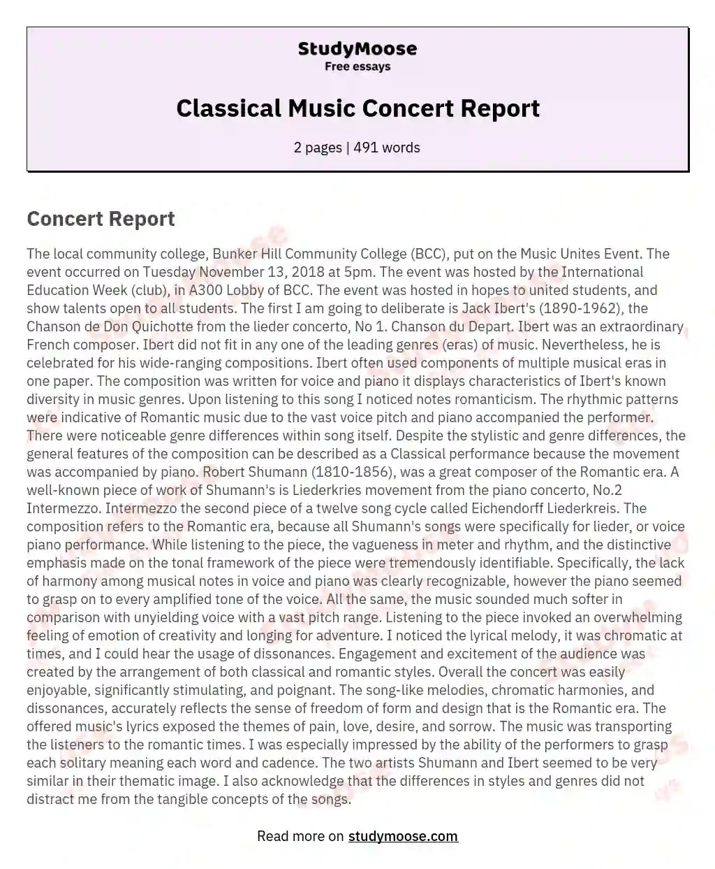 Classical Music Concert Report Free Essay Example