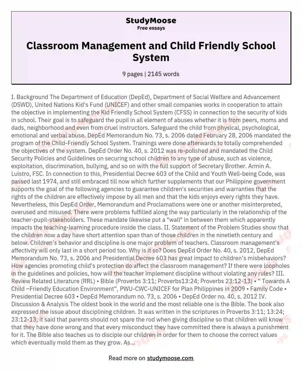 Classroom Management and Child Friendly School System Free Essay Example
