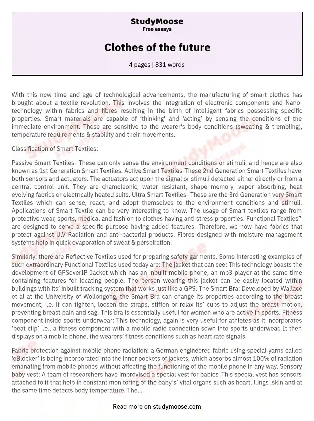 Clothes of the future Free Essay Example