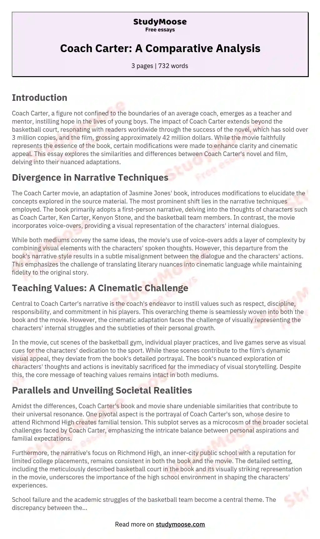 "Coach Carter" Movie Summary Free Essay Example