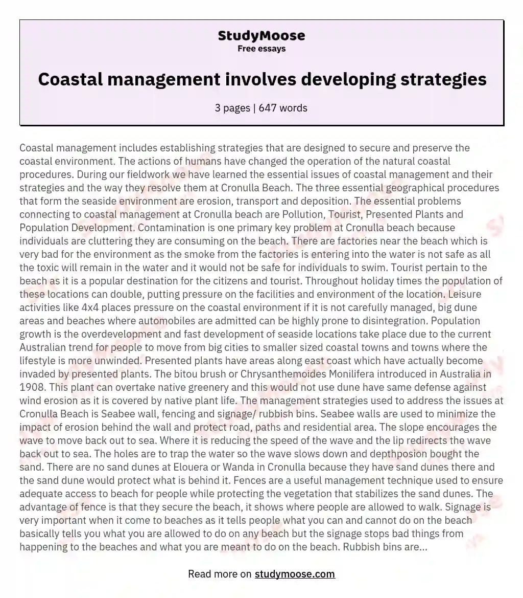 Coastal management involves developing strategies Free Essay Example