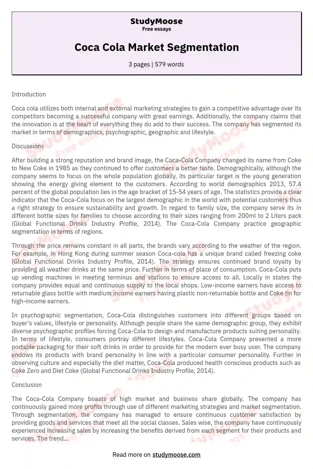 Coca Cola Market Segmentation Free Essay Example