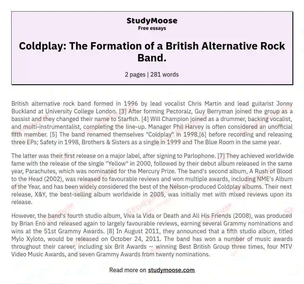 Coldplay The Formation of a British Alternative Rock Band. Free Essay