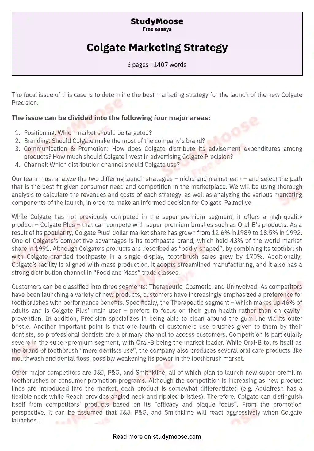 Colgate Marketing Strategy Free Essay Example