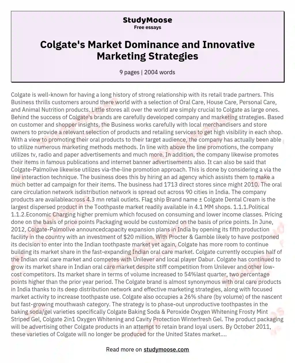 Colgate's Market Dominance and Innovative Marketing Strategies Free