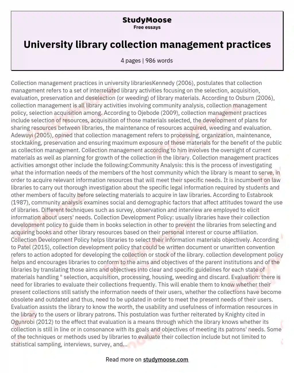 University library collection management practices Free Essay Example