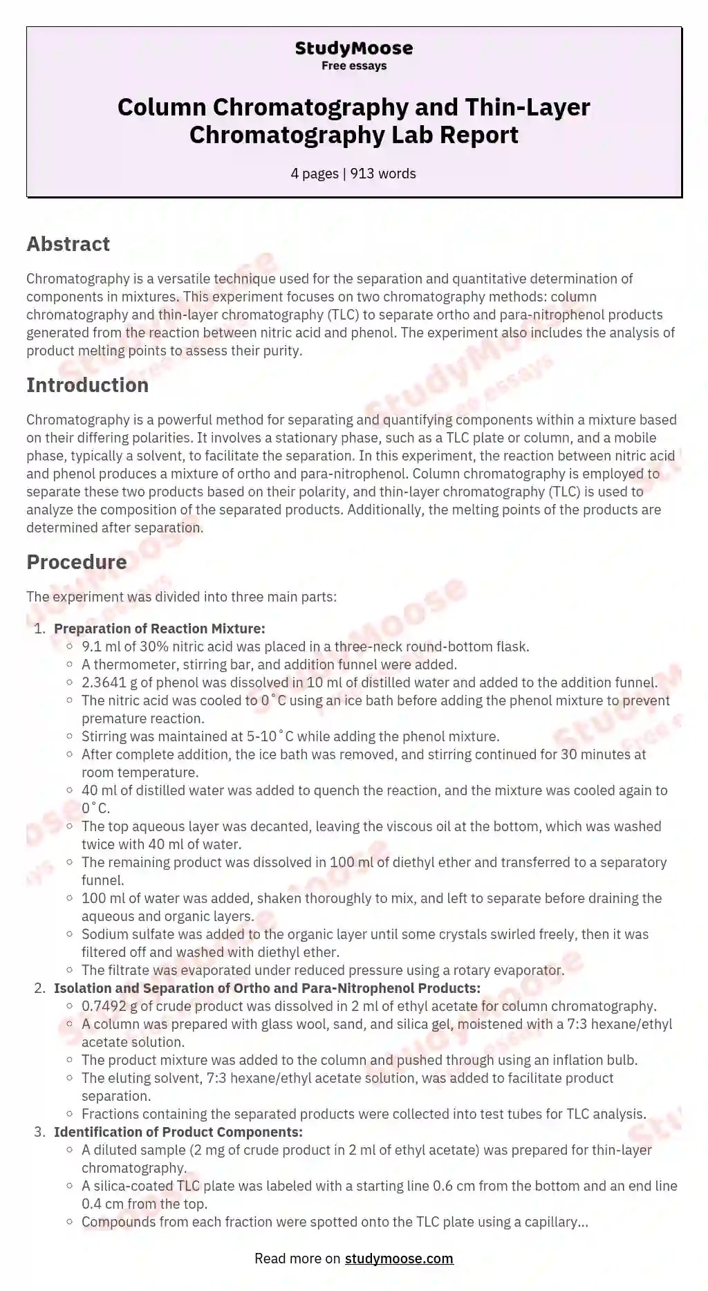 Column Chromatography and ThinLayer Chromatography Lab Report StudyMoose