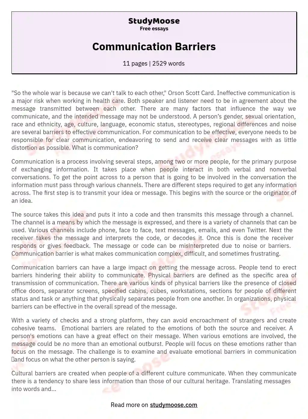 Communication Barriers Free Essay Example