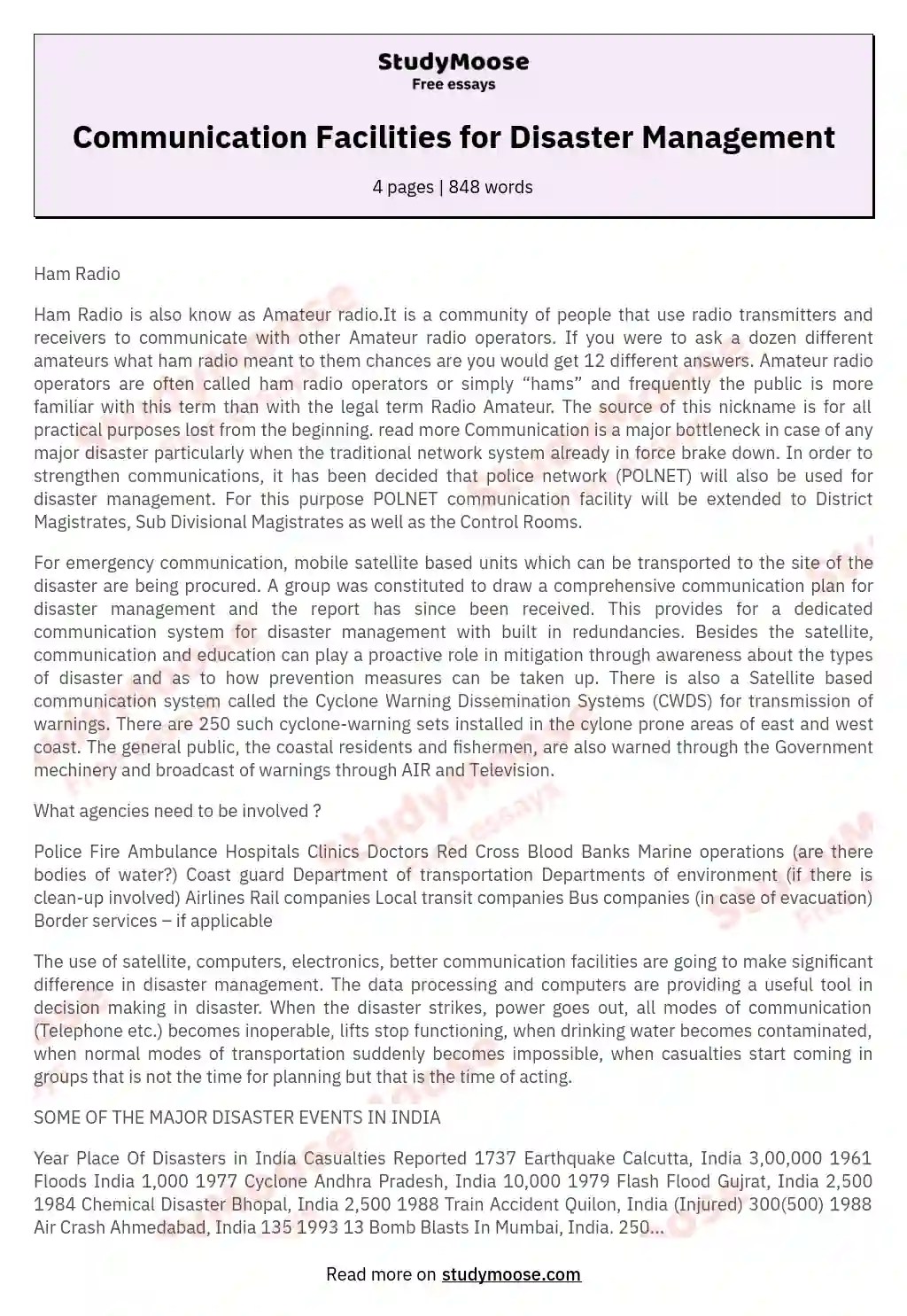 Communication Facilities for Disaster Management Free Essay Example