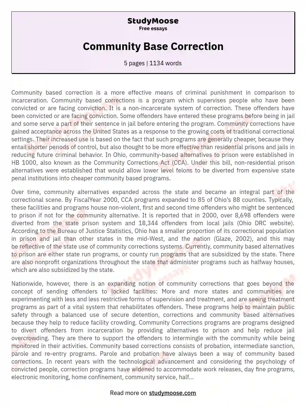 Community Base Correction Free Essay Example