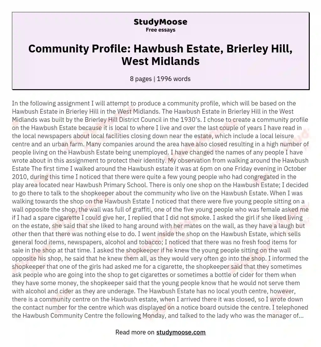 Community Profile Hawbush Estate, Brierley Hill, West Midlands Free