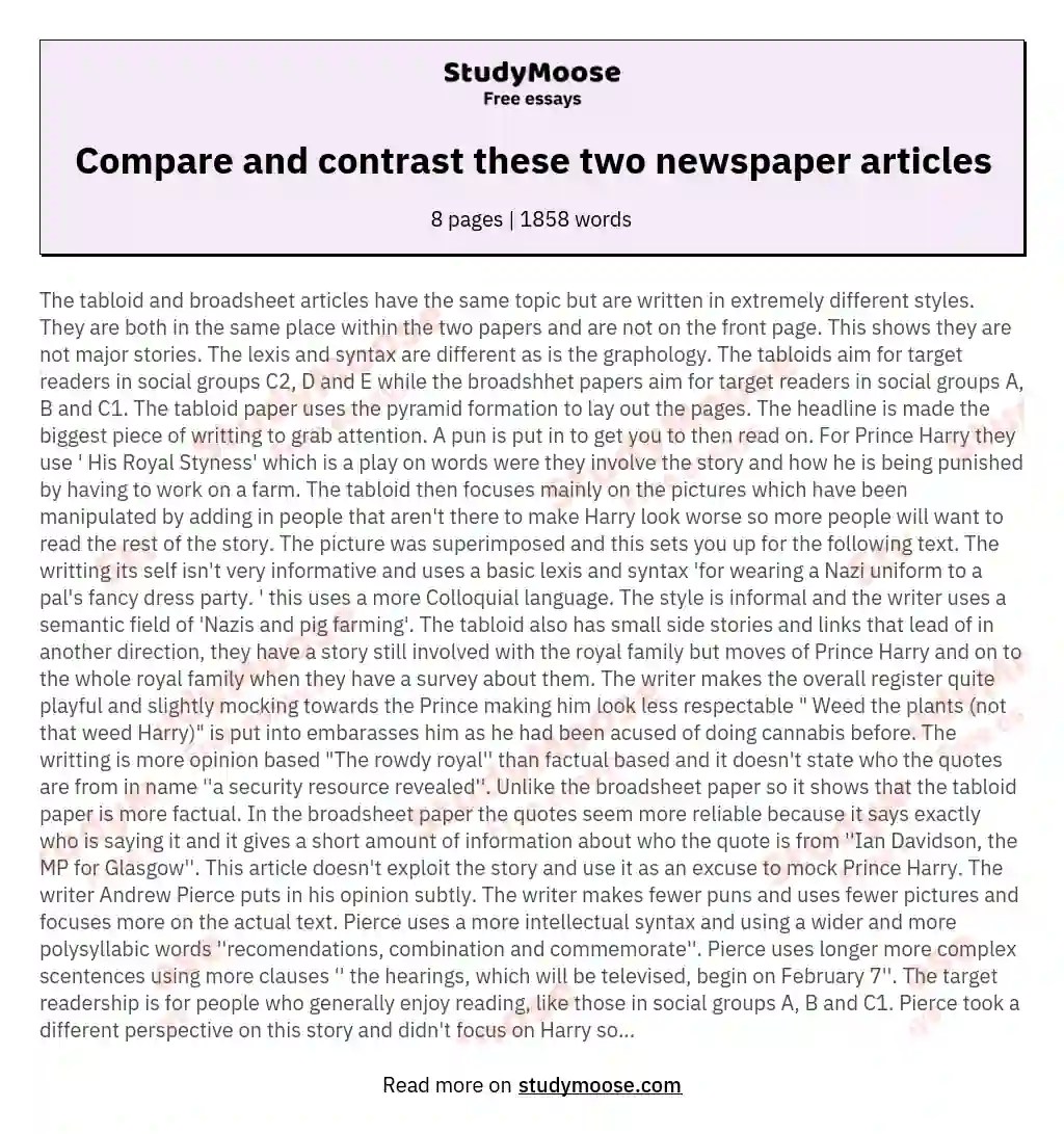 Compare and contrast these two newspaper articles Free Essay Example