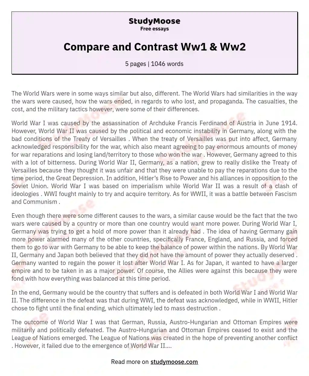Compare and Contrast Ww1 & Ww2 Essay Free Essay Example