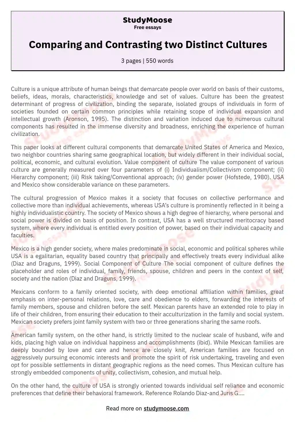 Comparing and Contrasting two Distinct Cultures Free Essay Example