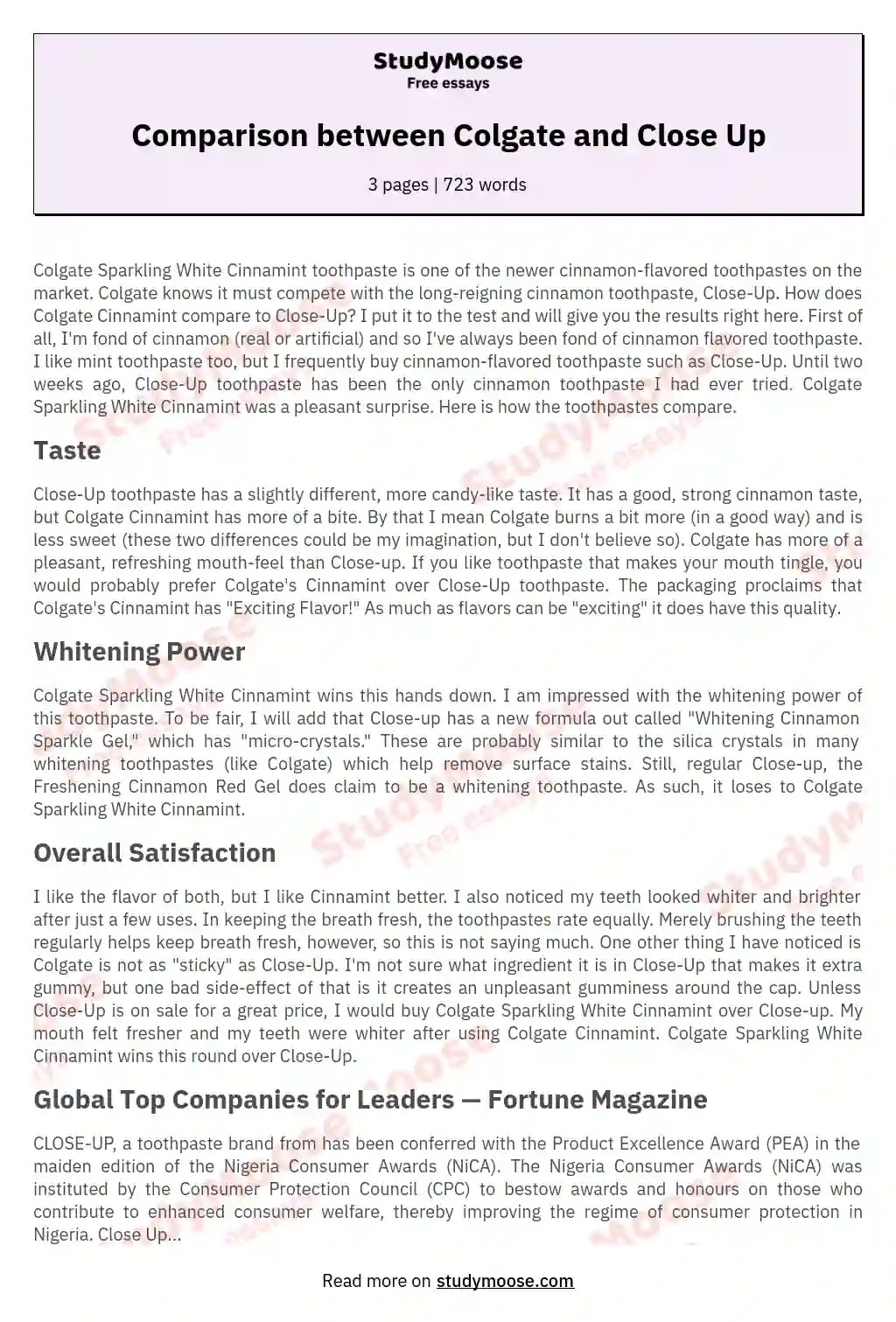 Comparison between Colgate and Close Up Free Essay Example
