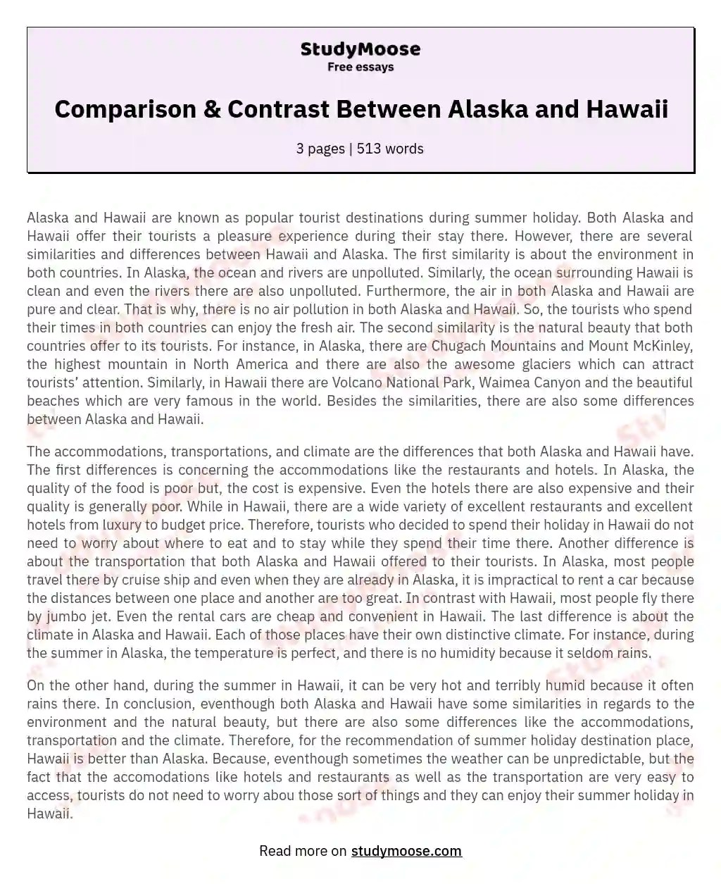 Comparison & Contrast Between Alaska and Hawaii Free comparison essay