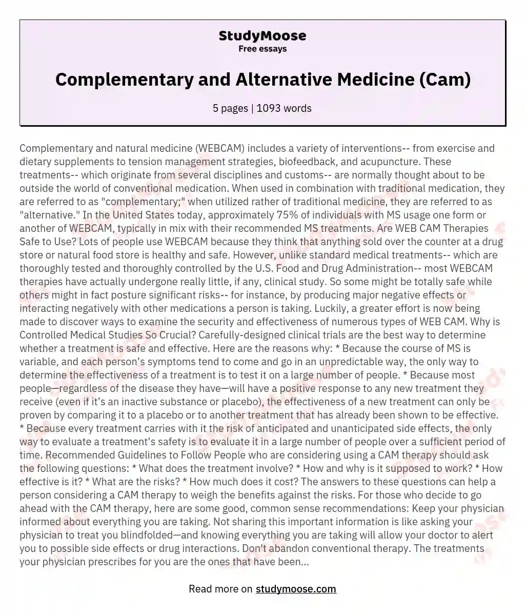 Complementary and Alternative Medicine (Cam) Free Essay Example