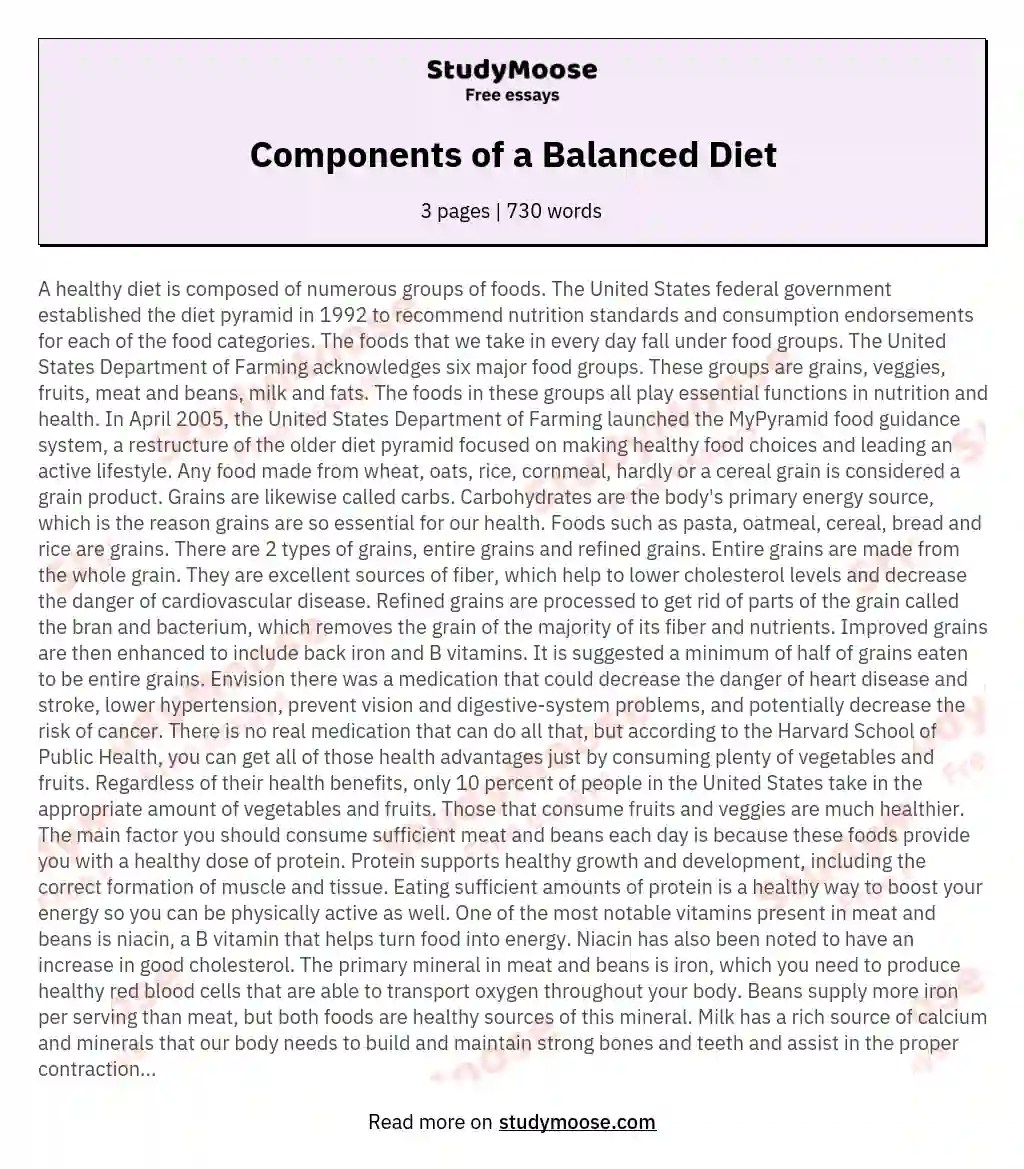 Components of a Balanced Diet Free Essay Example