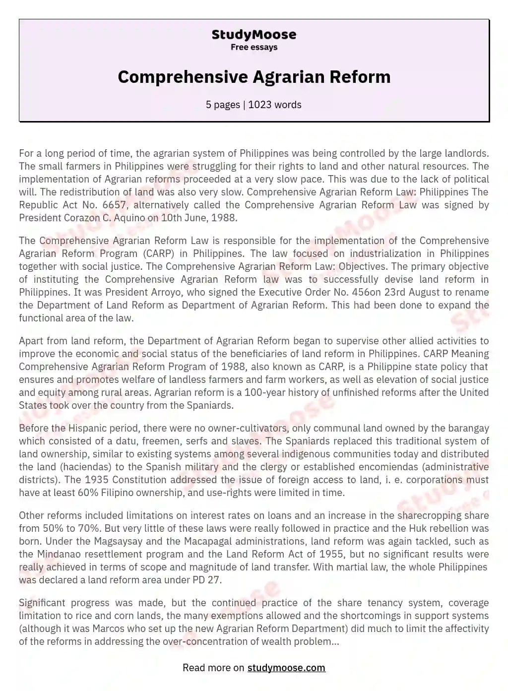 Comprehensive Agrarian Reform Free Essay Example