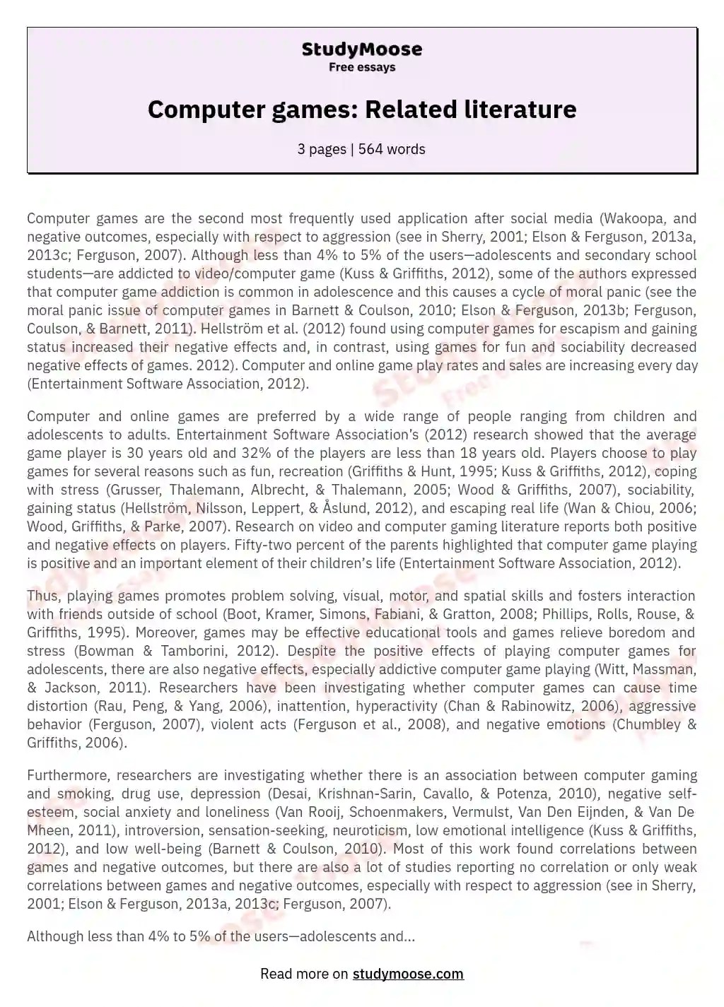 Computer games Related literature Free Essay Example