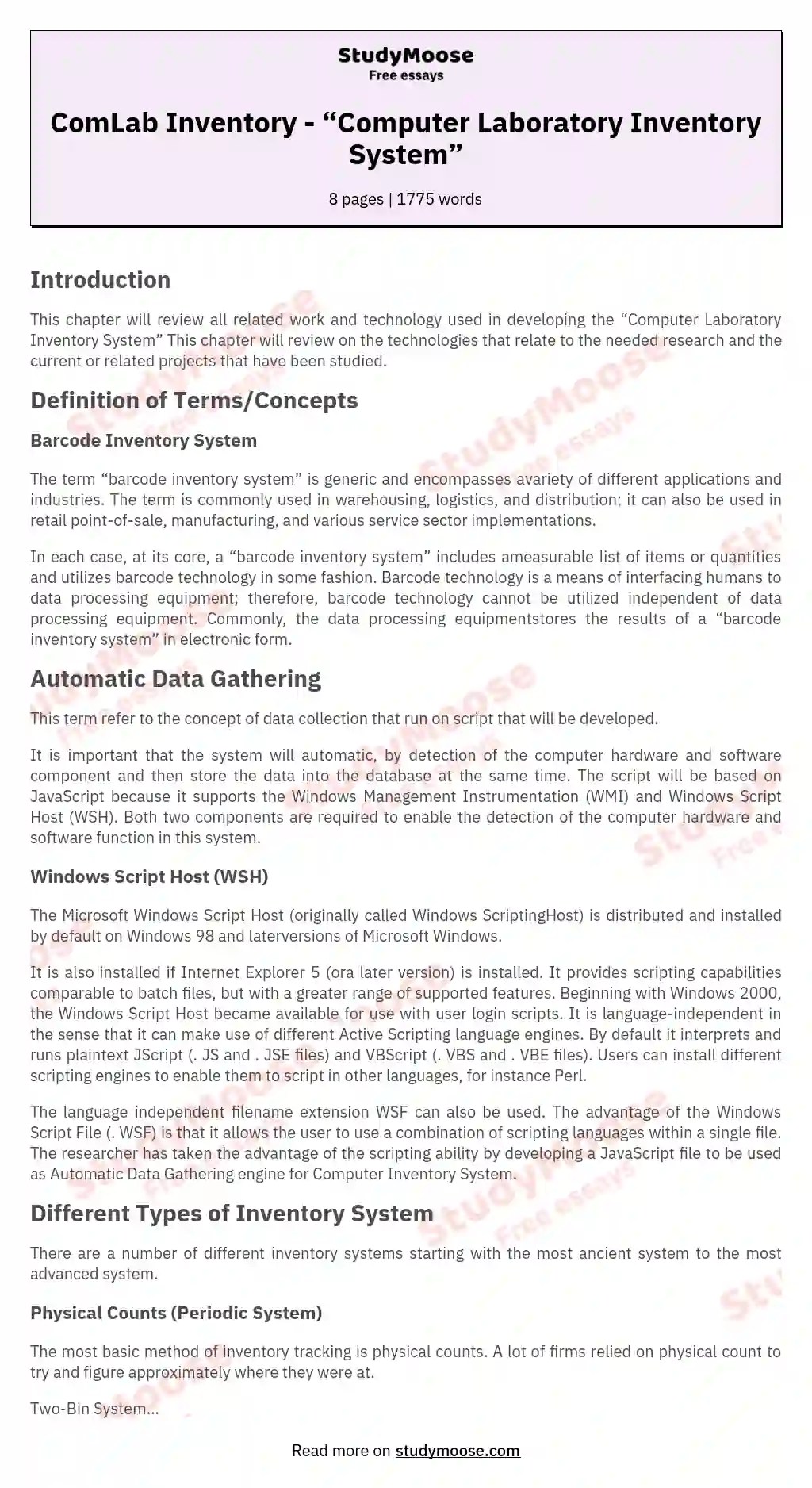 ComLab Inventory Laboratory Inventory System” Free Essay