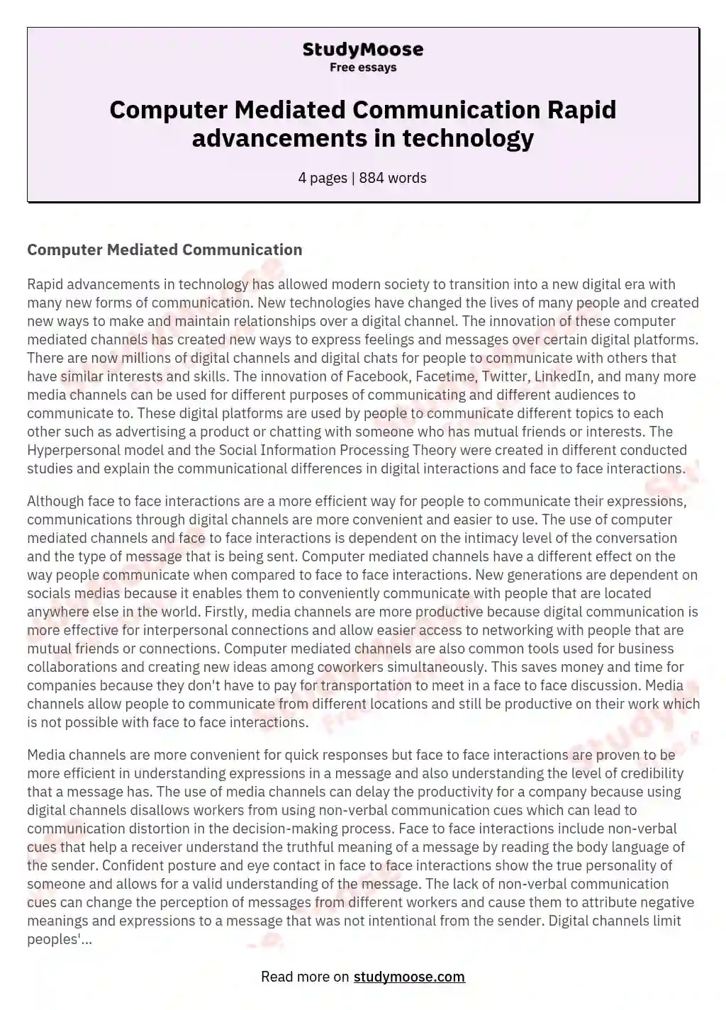 Computer Mediated Communication Rapid advancements in technology Free Essay Example