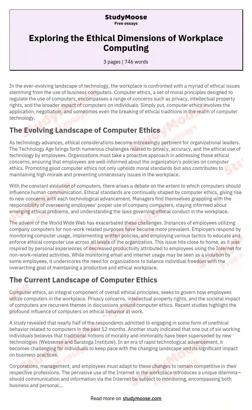 Exploring the Ethical Dimensions of Workplace Computing Free Essay Example