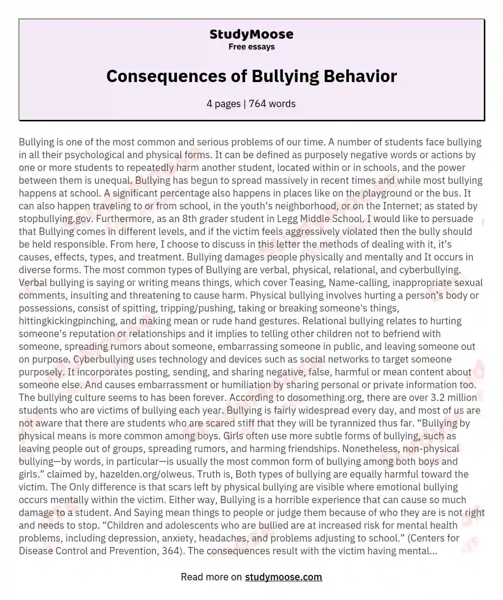 Consequences of Bullying Behavior Free Essay Example