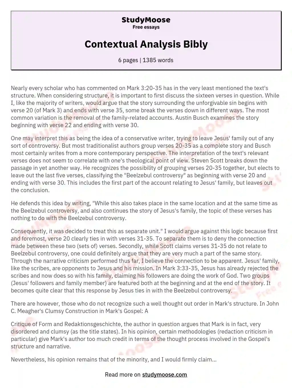 Contextual Analysis Bibly Free Essay Example