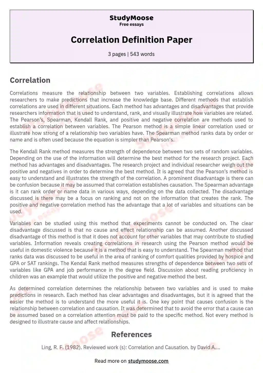 Correlation Definition Paper Free Essay Example