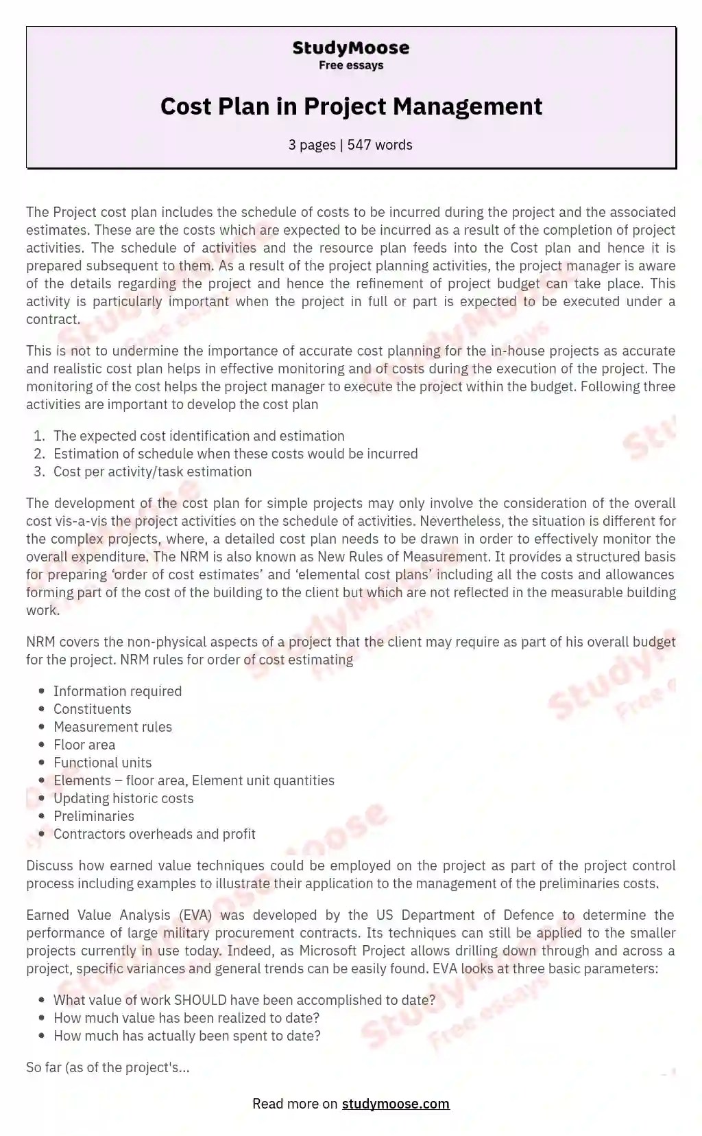 Cost Plan in Project Management Free Essay Example