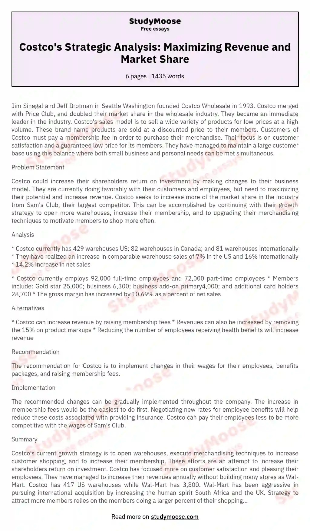 Costco's Strategic Analysis Maximizing Revenue and Market Share Free Essay Example