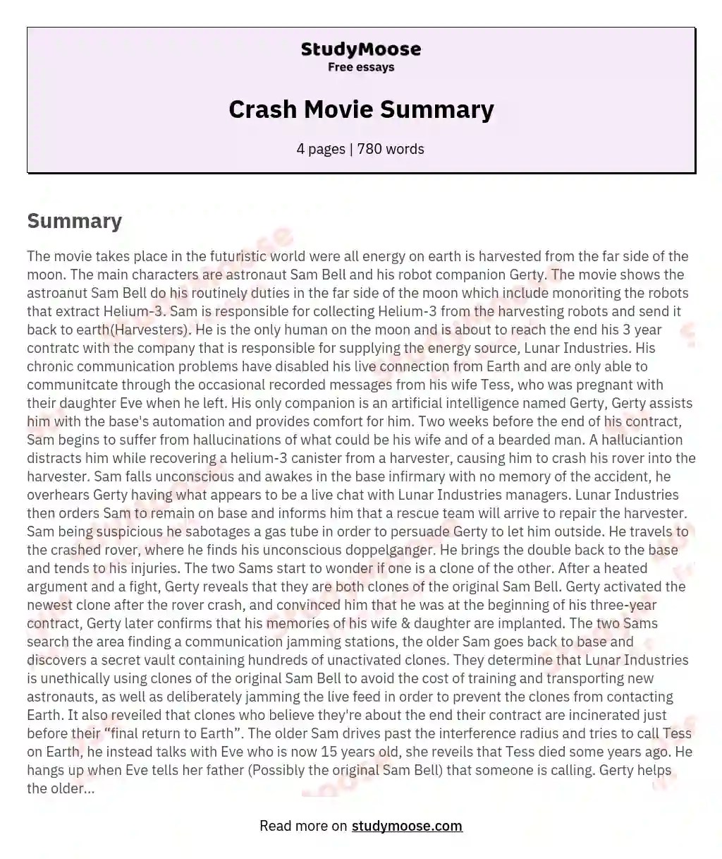Crash Movie Summary Free Essay Example