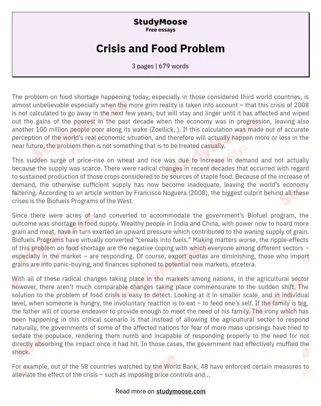 Crisis and Food Problem Free Essay Example