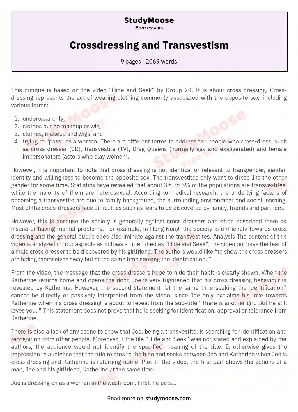 Crossdressing and Transvestism Free Essay Example