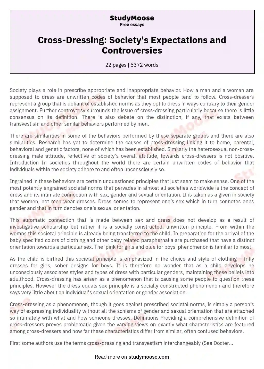 CrossDressing Society's Expectations and Controversies Free Essay Example