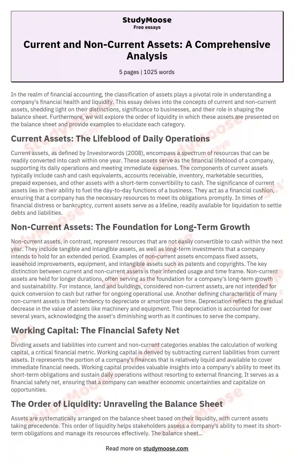 Current and NonCurrent Assets A Comprehensive Analysis Free Essay Example