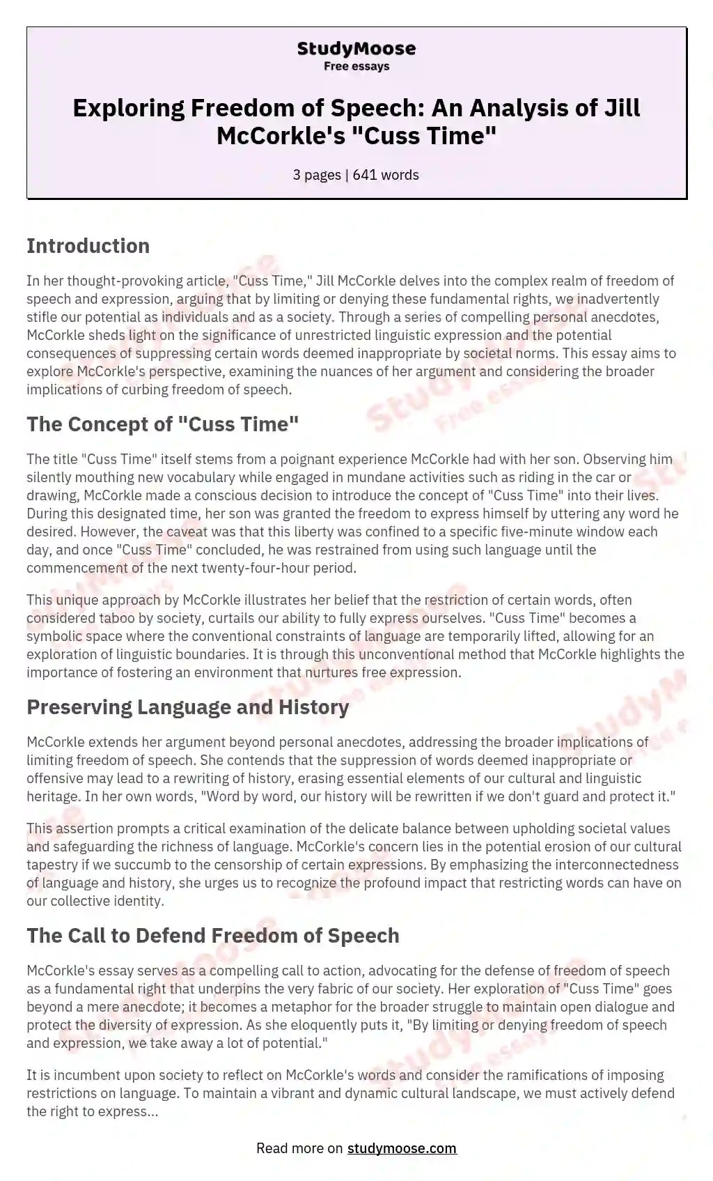 Exploring Freedom of Speech An Analysis of Jill McCorkle's "Cuss Time