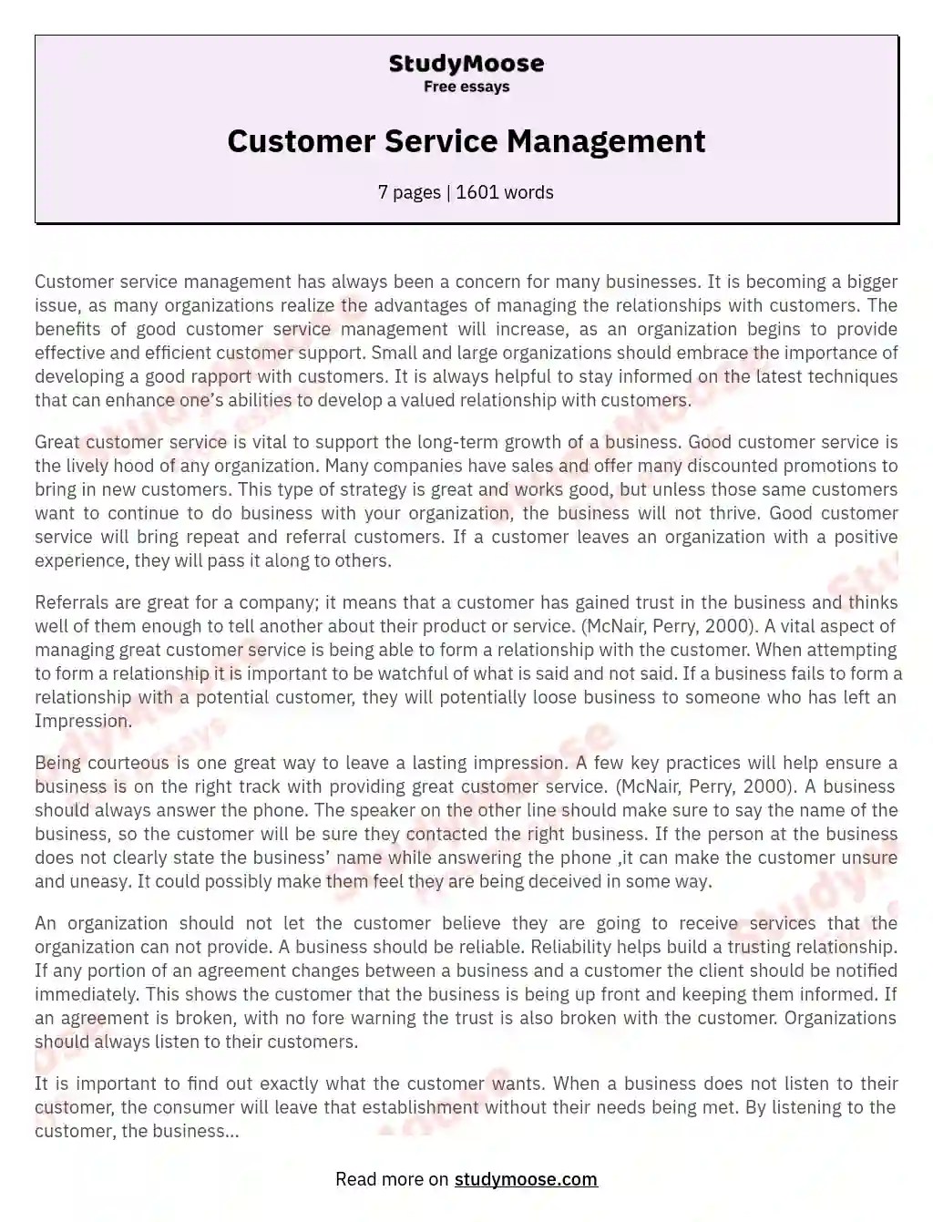 Customer Service Management Free Essay Example