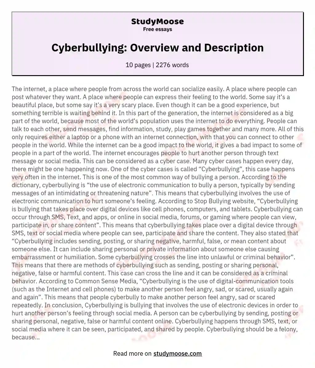 Cyberbullying Overview and Description Free Essay Example