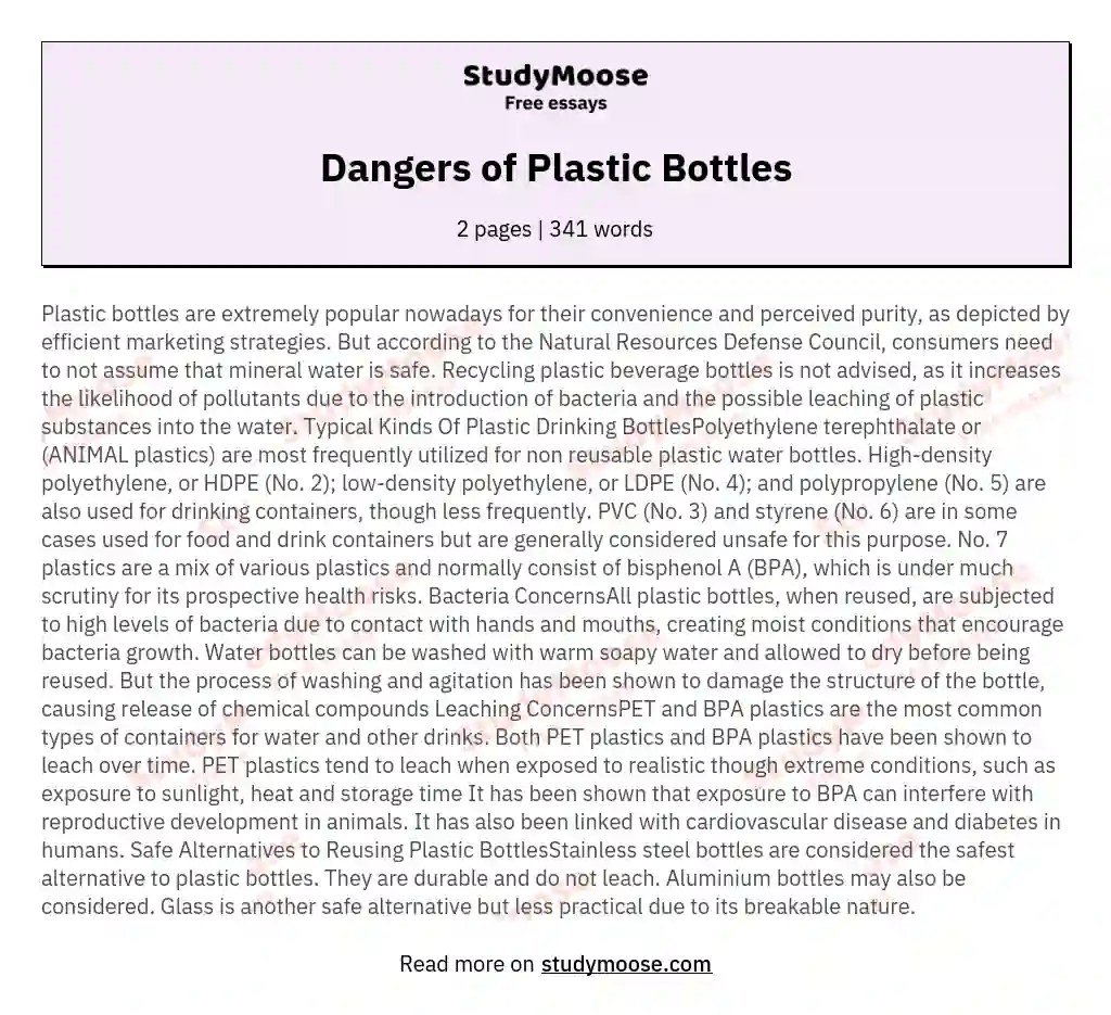 Dangers of Plastic Bottles Free Essay Example